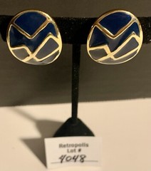 Memphis Style Geometric Earrings 1980s Navy Blue Gold Tone Clip-On Vintage Retro