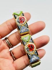 Vtg ITALIAN Mosaic Flower Red Green Yellow Gold Tone Bracelet