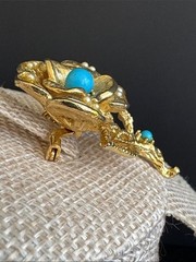 VTG 1960s Gold Tone Rose Flower Brooch Pin Faux Turquoise Cabochon Pearl
