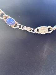 Vintage Gold Tone Blue Cabochon Faux Pearl Link Necklace Statement Chain
