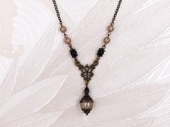 Art Nouveau Necklace Champagne Gold Crystal Pearl Black Bead Victorian Jewelry