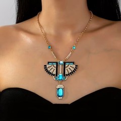 Art Deco Style Blue Glass & Crystal Pendant Necklace Gold Tone Egyptian Revival