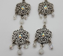 N A Clear Rhinestone & Bead Silver Tone Floral Dangle Earrings