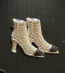 Vtg NAPIER Brooch Boots Shoe Silver Tone with Clear Rhinestone & Black Enamel