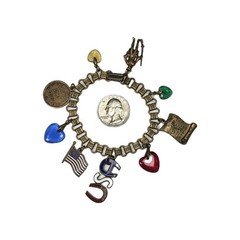 VTG United States US History Charm Bracelet Brass Enamel Bookchain Heart Charms