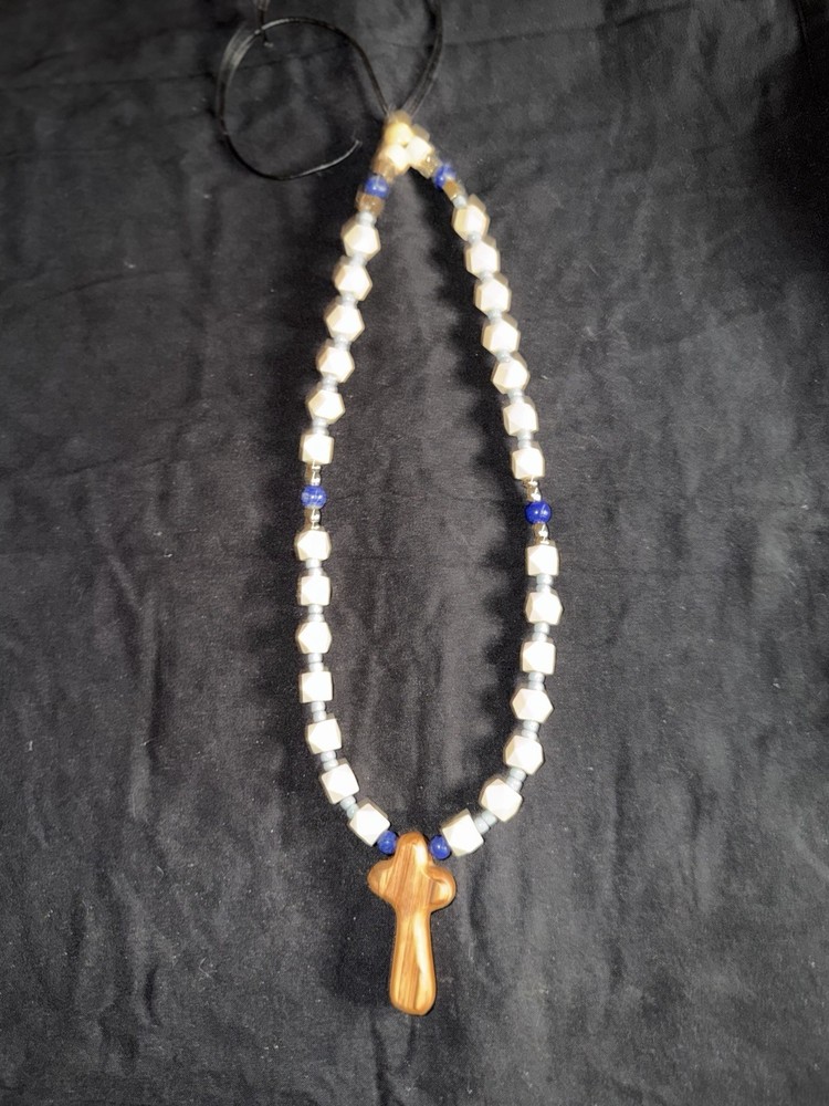 White Blue Brown Beaded Necklace w/ Religious Cross Charm Pendant Unisex