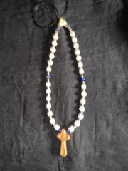 White Blue Brown Beaded Necklace w/ Religious Cross Charm Pendant Unisex