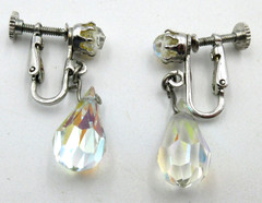 VTG GLASS CRYSTAL ? EARRINGS AB BEAD SCREW BACK drop dangle Silver tone Earrings