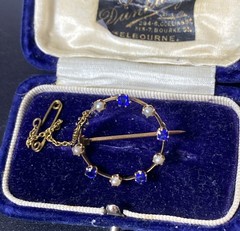 Antique Victorian 14ct Gold Simulated Sapphire&Seed Pearl Brooch w/safety chain
