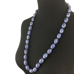 CHINESE porcelain necklace – blue & white barrel beads shou symbol 29″ knotted