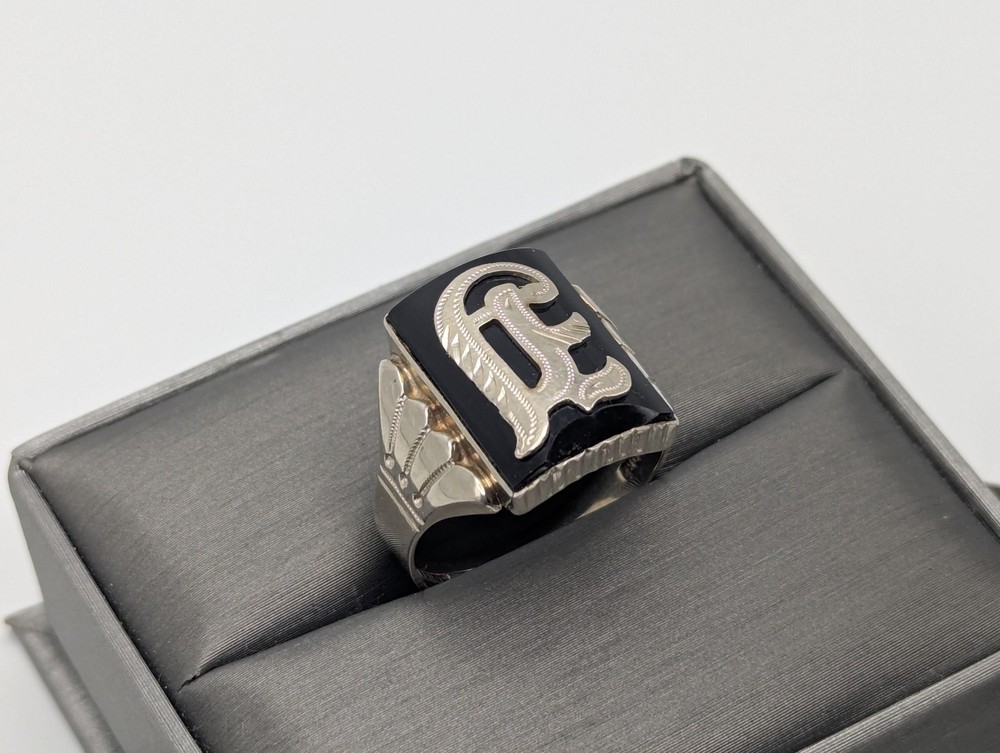 Victorian 10k A Monogram Black Onyx Ring Midnight Signet Ring. Statement Ring.