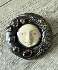 MYSTIC MOON FACE Sterling Silver Amethyst Topaz Carved Goddess Pendant Brooch