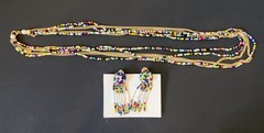 Vintage 1960s Multi Strand Rainbow Seed Bead Necklace Clip On Earrings Hong Kong