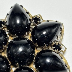 Vintage Brooch Pendant Teardrop Black Glass Cabochons Double Layered 2-1/8″ Long