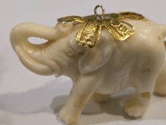 Vintage Celluloid Lucky Elephant Charm Pendant Faux Ivory Raised Trunk Gold Tone