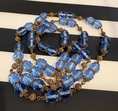 Antique Art Deco Blue Czech Glass & Brass Filigree 34 Inch Necklace 20s-30s
