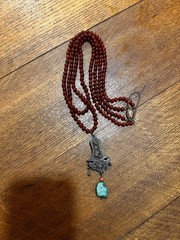 VTG Chinese Carnelian? Coral? Beaded Double Necklace Silver Pendant Turquoise
