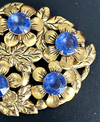 Vintage CZECH ART DECO Pin Pronged Blue Stones Gold Tone Filigree Design