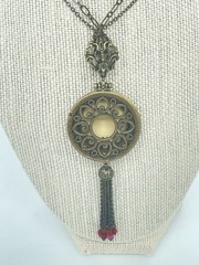 Victorian Revival Necklace Antiqued Brass Ruby Red Beads Pendant Dangle