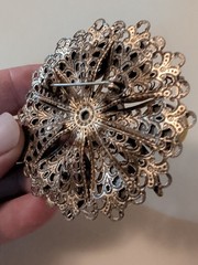 Vintage filigree Bronze Tone Brooch. UV Reactive. 2.5″