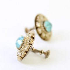 Vintage Blue and Clear Rhinestone Silver-Tone Round Screw Back Earrings