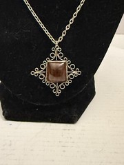 Vintage Baltic Amber Filigree Pendant Silver Tone Necklace