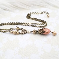 Victorian Style Brass Bird Necklace Pink Acrylic Bead Gold Pearl Handmade Unique