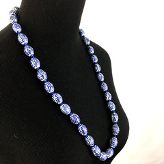 CHINESE porcelain necklace – blue & white barrel beads shou symbol 29″ knotted