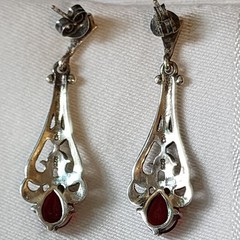 Vintage Sterling Silver Marcasite Red Pear Drop Earrings Art Deco 925 Dangle