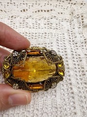 Vintage Turn Of Century Czech Topaz Rhinestone Enamel Brass Filigree Brooch