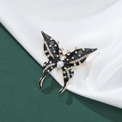 Vintage Black Enamel Butterfly Brooch Gold Tone Crystal Rhinestone Pin