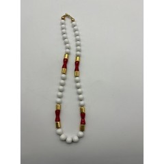 Vintage White Red Gold Beaded Strand Necklace Retro Mod 22 Inch