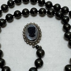 Vtg 23” Glass Faux Pearl Necklace Carved Cameo Clasp Charcoal Grey Black Grandma