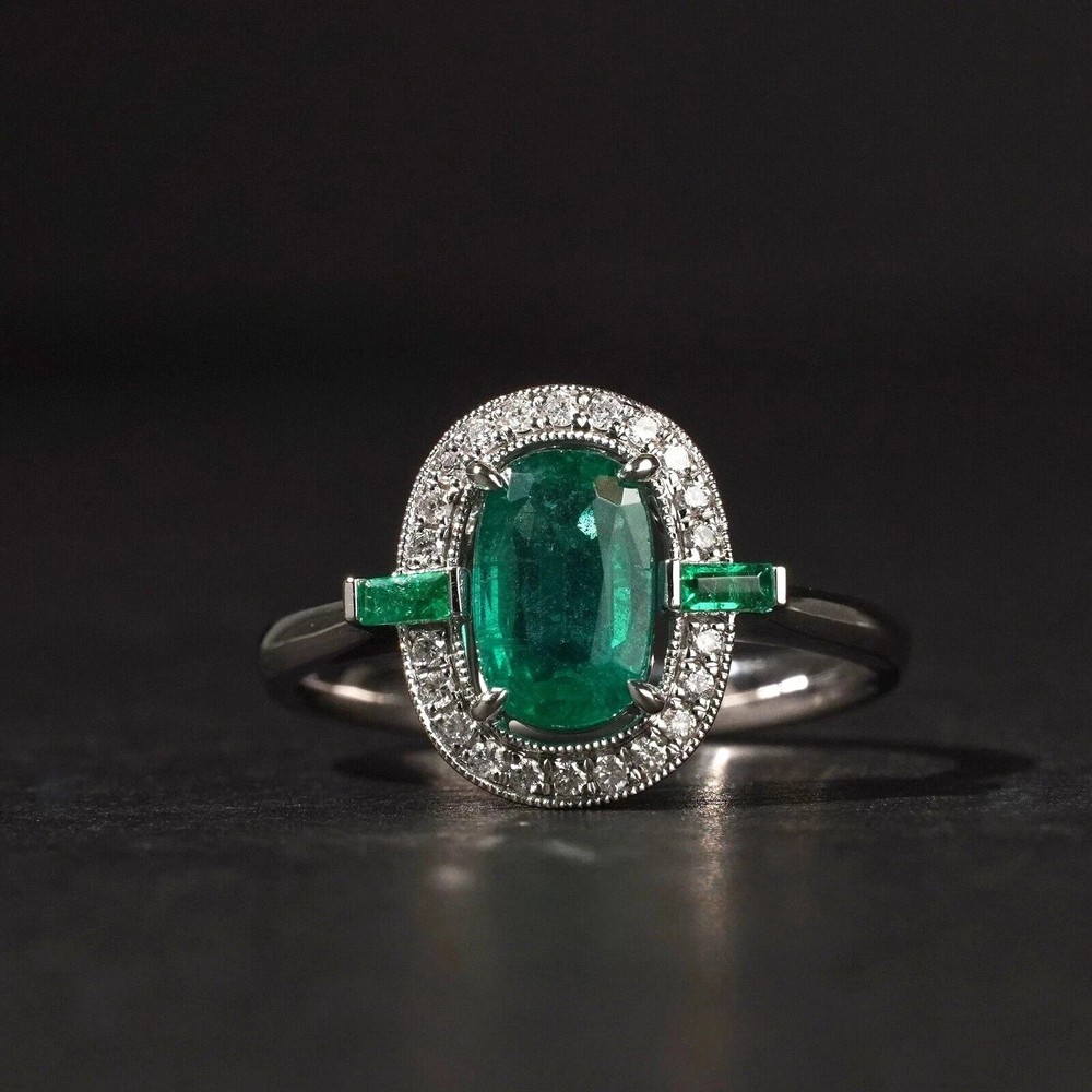 3Ct Art Deco Style Emerald Lab Created Diamond Engagement 14K White Gold FN Ring