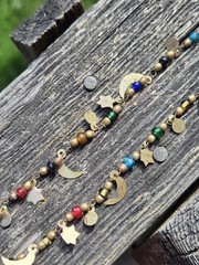 Vintage 70s Starlight Necklace Glass Beaded Celestial Stars Moon Long Brass