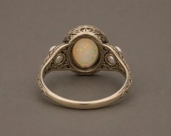 Vintage Ethiopian Opal Ring Pearl Side Stone Antique Engraved Ring