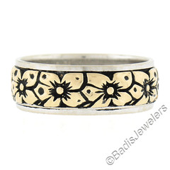 Vintage 14k Two Tone Blackened Gold 6.4mm Engraved Floral Work Wide Band Ring