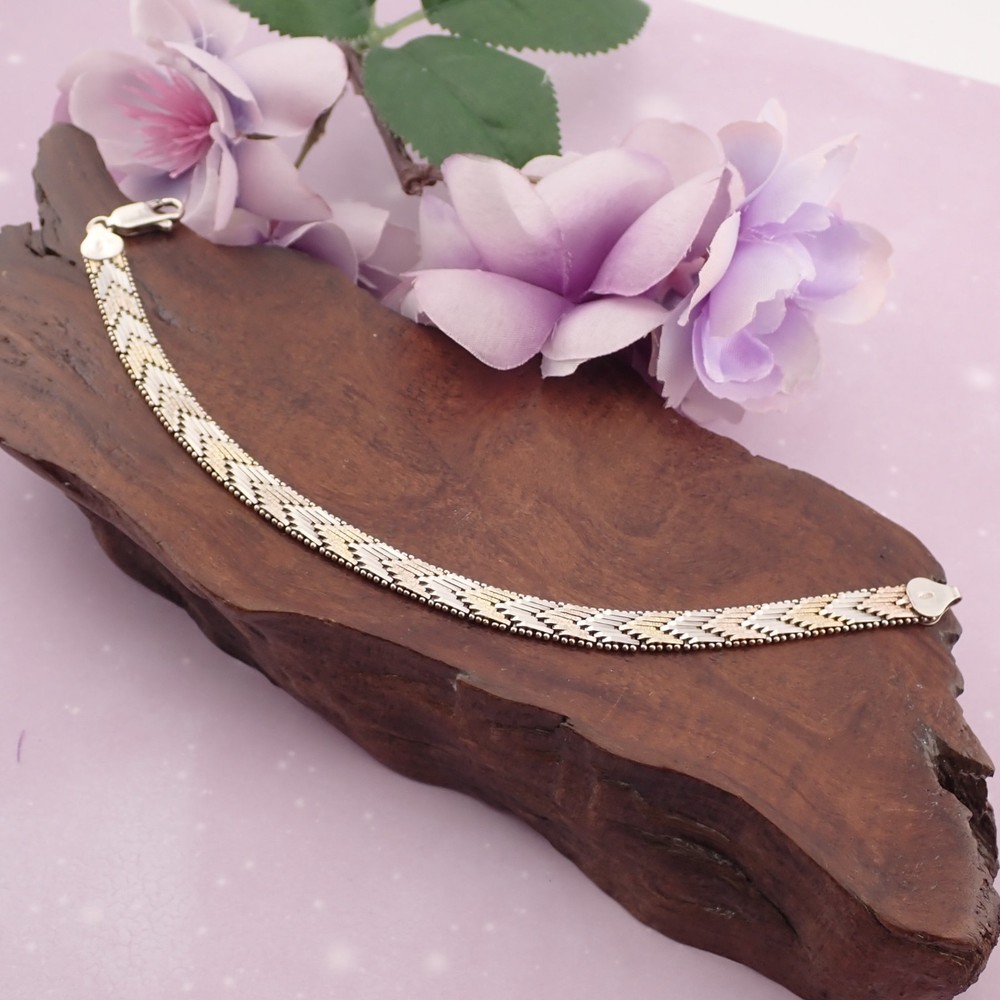 VTG Sterling Silver Rose Tone 6mm Bi-Color 7 1/2″ Flexible Bracelet 14.8 grams
