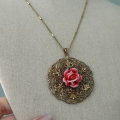 Vintage 925 Italy Sterling Silver Gold Vermeil Pink Rose Filigree Necklace