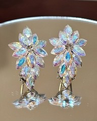 Vintage Cluster Earrings Crystal Aurora Borealis AB Marquis Pattern Omega Backs