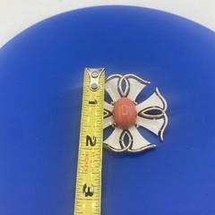 Vtg Crown Trifari Lucite Coral White Enamel Gold Maltese Cross Brooch Pin RARE