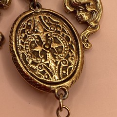 Victorian Revival Gold Tone Pendant Necklace W/ Black Oval Cameo Hand Painted
