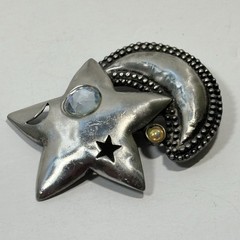 Vintage J.J Jonette Pewter Star Crescent Moon Pin Crystals Pierced Celestial 2″