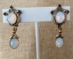 Victorian Opaline Glass Cabochon Clip-On Earrings 1.5″ Long Dangles Gold Tone