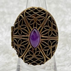 Vintage Poison Ring Bronze Tone Filigree Locket Glass Purple Stone Adjustable
