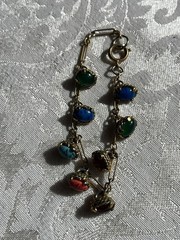 Vintage Egyptian Revival Gemstone Charm Bracelet Gold Tone 6.5”