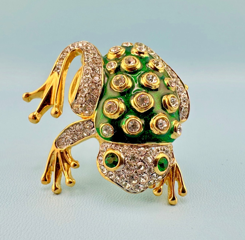 Vintage Rhinestone Green Enamel Frog Brooch Shiny Gold Tone Leap Jump Figural