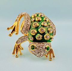 Vintage Rhinestone Green Enamel Frog Brooch Shiny Gold Tone Leap Jump Figural