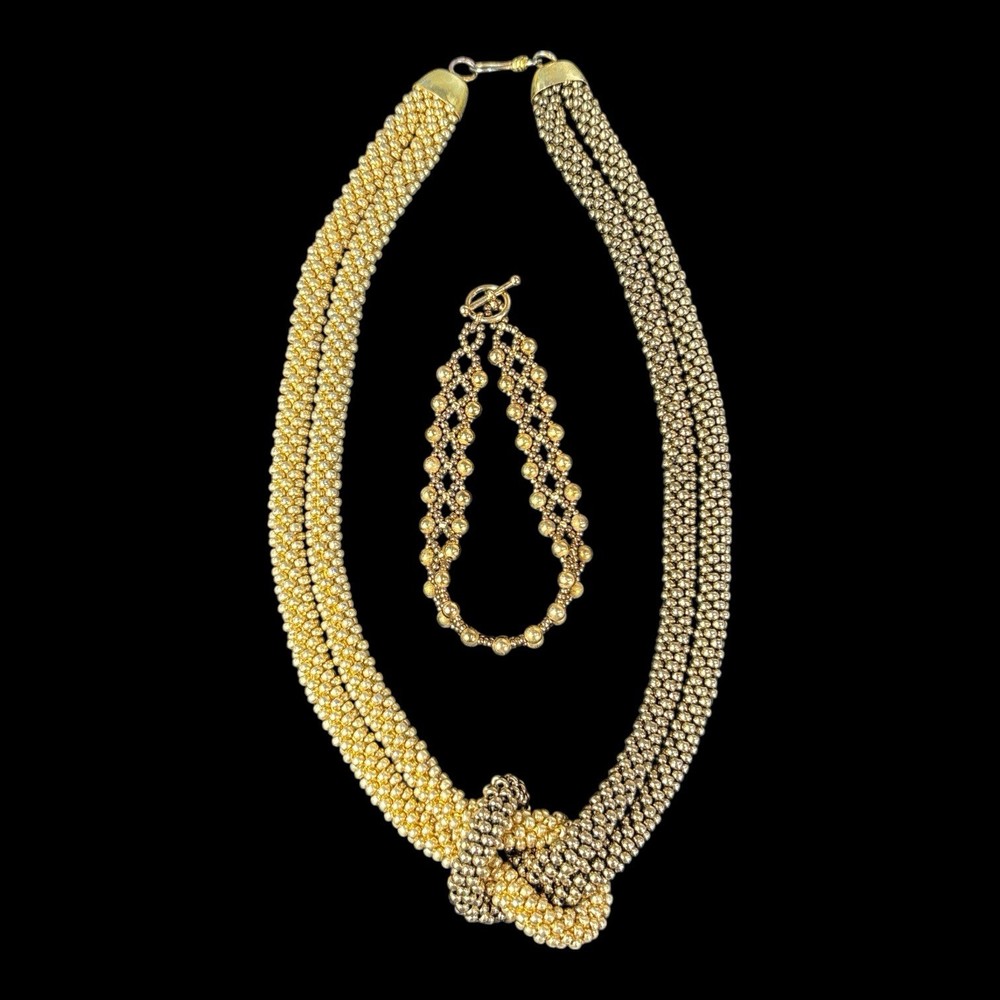 Vintage 2 Tone Gold Costume Chunky Wide Beaded Knot 18″ Necklace 7″ Bracelet Set