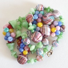 Vtg Antq Czech Glass Marbled Slag Melon Ball Tutti Frutti Bead Cluster Necklace
